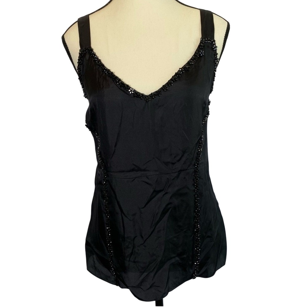 Vera Wang Lavender Label Women's Flower Beaded Silk Tank Top Size 2 Black Floral